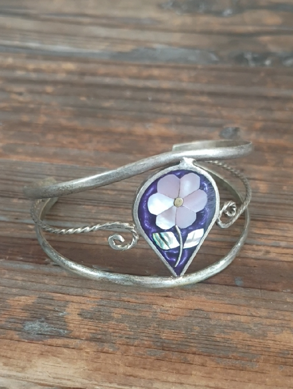 Silver Tone Purple Floral Cuff Bracelet